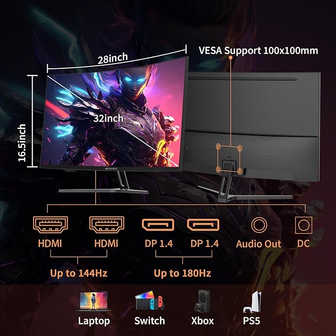 SANSUI 32-Inch Curved Gaming Monitor WQHD 2560 x 1440 180Hz Curved 1500R -Fast VA,1ms(OD), HDR, 300nits, sRGB 125%, DCI-P3 95%, FreeSync, HDMI x2, DP1.4x2(DP Cable Included)