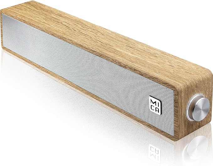 MICA Computer Speakers, Wired Computer Sound Bar, Wooden Mini Soundbar, USB Powered PC Speakers 3.5mm AUX & PC Input (Yellow)