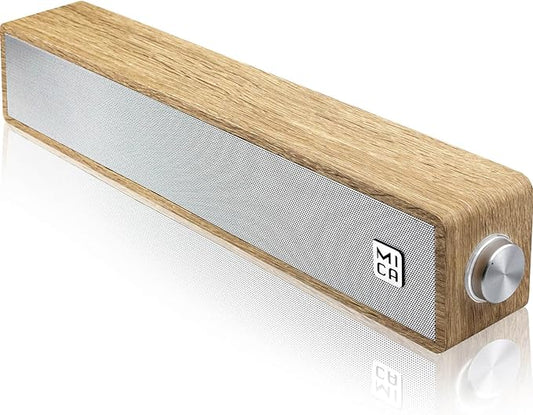 MICA Computer Speakers, Wired Computer Sound Bar, Wooden Mini Soundbar, USB Powered PC Speakers 3.5mm AUX & PC Input (Yellow)