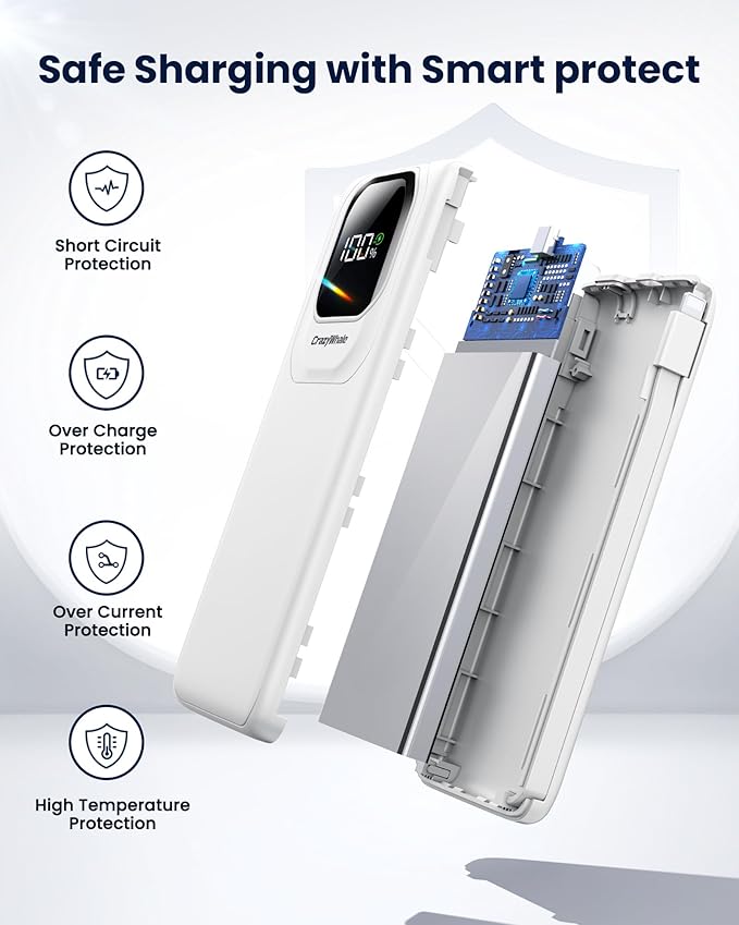 Portable Charger Power Bank with Built-in Type C Cables, 22.5W Fast Charging 10000mAh Phone Charger, Travel Battery Pack Slim Battery Bank with Smart LED Display for iPhone, Android & USB-C Devices