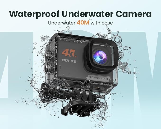 4K60FPS Action Camera Touchscreen, 40M Waterproof Underwater Camera with 64G SD Card, 6-Axis Stabilization Motorcycle Camera 8X Zoom with 2.4G Remote Control 2 * 1350 mAh Batteries