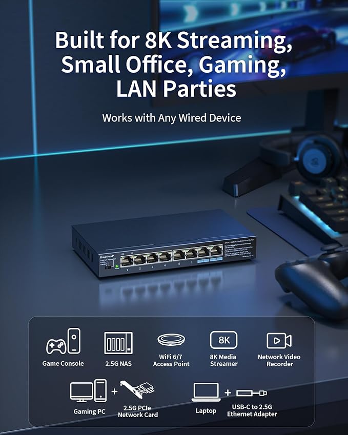 BrosTrend 2.5Gb Switch, Unmanaged 8 Port Ethernet Switch 2.5 Gigabit Supports Static Link Aggregation & VLAN, Fanless, Desktop Wall Mount, Multi Gig Splitter for Gaming, NAS, PC, Lifetime Protection
