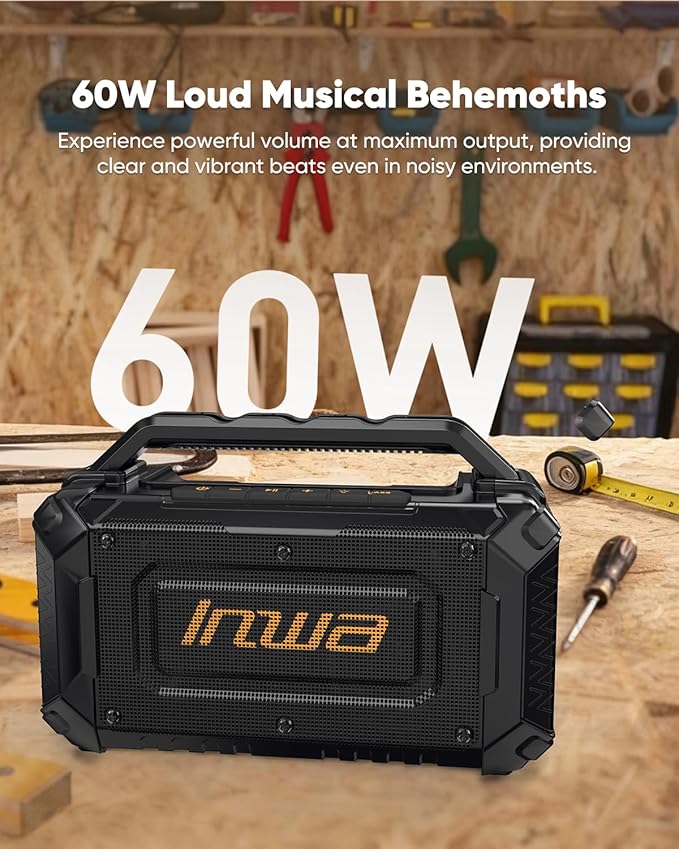 Inwa Jobsite Bluetooth Speakers, 60W Outdoor Portable Wireless Speakers, Compatible with DeWalt & Milwaukee Battery, Loud Boombox w/Bass, RGB Lights & Aux, for Work/Workshop/Garage(Black)