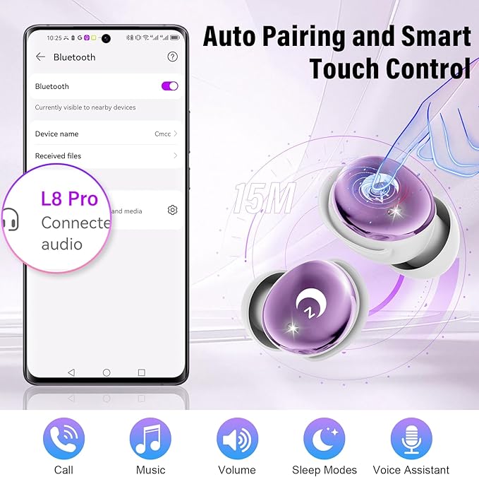 Sleep Earbuds Bluetooth 5.4 Smart Touch Screen in Ear Ear Buds, 48H Mini Sleep Headphones Small Design for Side Sleepers, Clear Calls, 5 EQ Modes, IPX7 Waterproof Earphones, Light Purple Earbuds