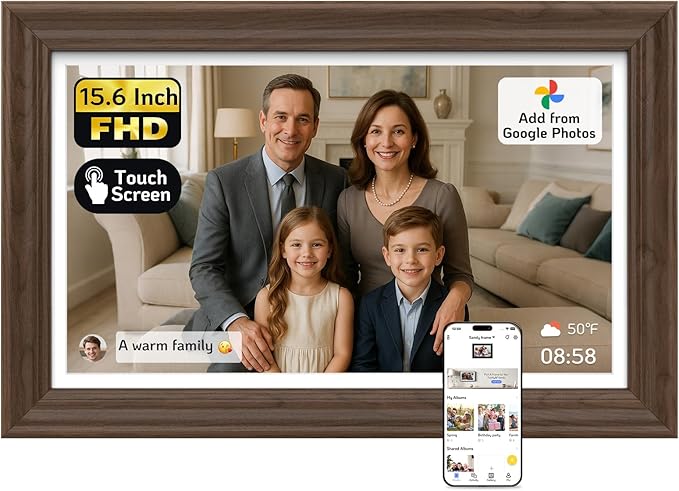 NexFoto Touchscreen Digital Picture Frame 15.6'', FHD WiFi Digital Photo Frame, 64GB Wood Electronic Picture Frame, Add Photos from Google Photos, Share Videos, for Mom, Birthday, Walnut