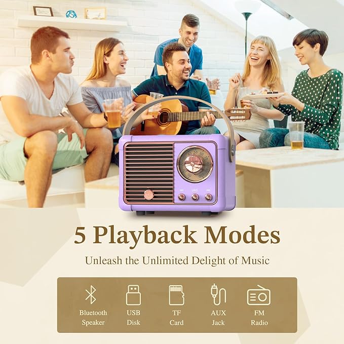 PRUNUS J-999 Retro Bluetooth Speaker,Vintage Decor,Mini Wireless Bluetooth Speaker,Cute Old Fashion Style Support USB/TF Card/AUX for Kitchen Desk Bedroom Office Party Outdoor（Exclusive Purple）