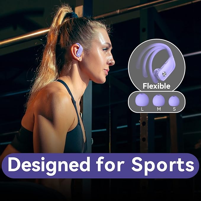 bmani Ear Buds Wireless Earbuds Bluetooth Headphones with 80H Playtime LED Display Case, Over-Ear Hook with Mic, Stereo Sound, Easy Button Controls, Sports Earphones for Running Workout Gym Purple
