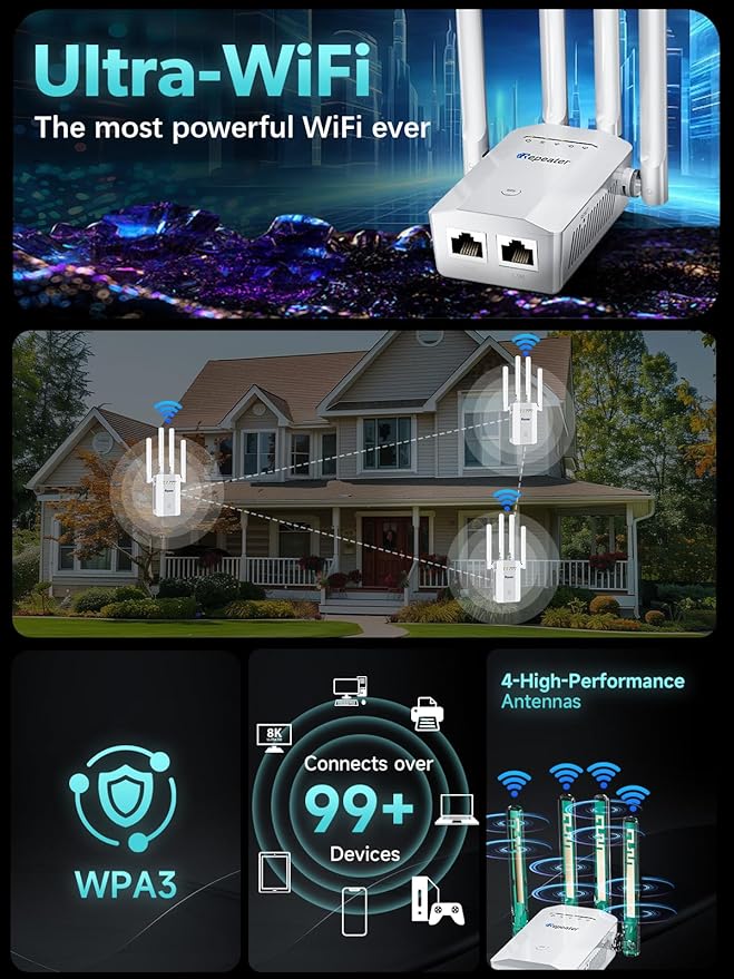 2025 New WiFi Extender Signal Booster, Long Range Wireless Internet Repeater for Home, WiFi Repeater Wireless Routers Signal Amplifier with Ethernet Port, Mesh WiFi 10X Faster Access Point, Easy Setup