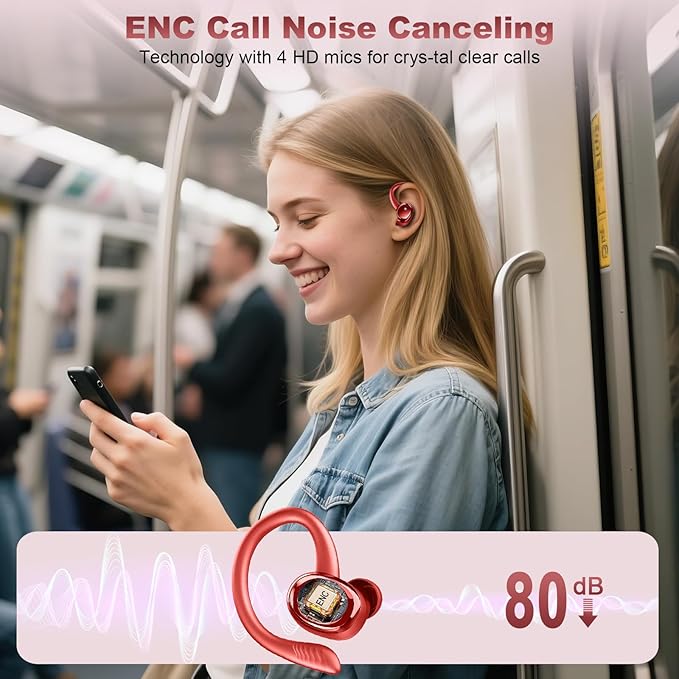 Wireless Earbuds Sport, 2025 Bluetooth 5.4 Headphones with Earhooks, 50H Stereo Deep Bass Over Ear Buds with 4 ENC Noise Canceling Mics, IP7 Waterproof Earphones for Running Workout Gym -Red