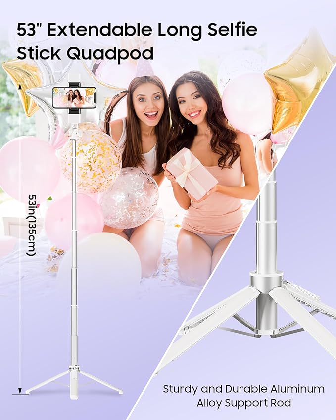 53'' Selfie Stick Tripod with Light, Enhanced 4-Leg Cell Phone Stand Camera Tripod with Rechargeable Wireless Remote & 2 Fill Light, Portable Selfie Stick Travel Essentials for iPhone Android
