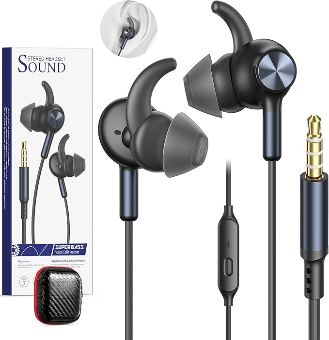 3.5mm Wired Headphones with Mic, School Supplies Wired Earbuds for Computer, Noise Isolating Ear Buds Wire with Stereo Case Magnet, Corded Plug in Earphone for Surface/HP/Acer Laptop Chromebook, Black