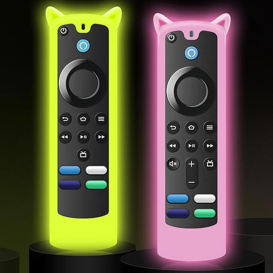 2 Pack Silicone Remote Cover Case Glow in The Dark, Anti-Slip Silicone Protective Case with Lanyard Yellow & Pink