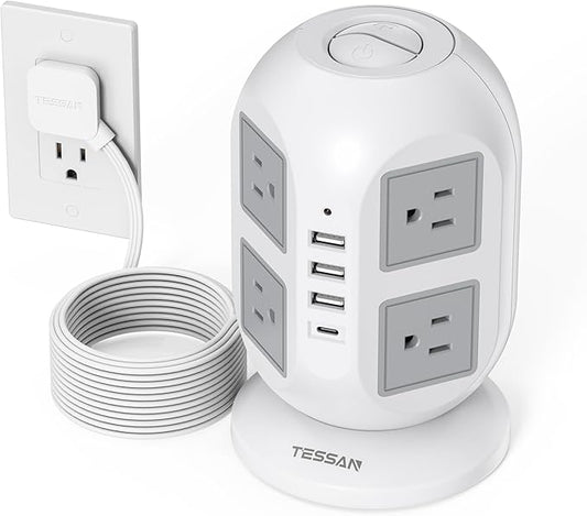 TESSAN Tower Surge Protector Power Strip 10 ft, Long Flat Extension Cord with Multiple Outlets, 8 AC Outlets with 4 USB Ports (1 USB C), Charging Station with Surge Protection, for Home Office Dorm