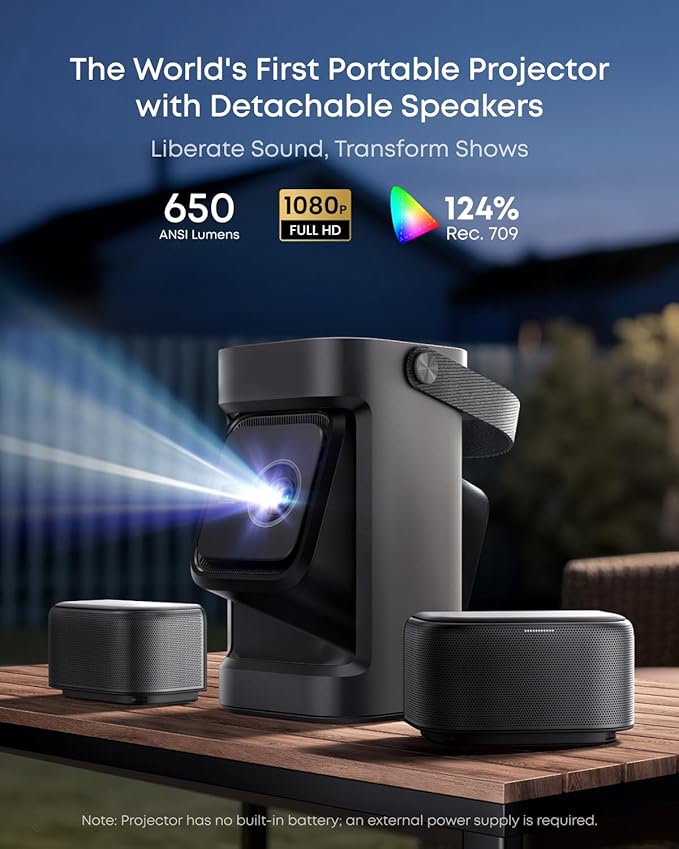 soundcore Nebula P1 Portable GTV Projector with Detachable Speakers, 650 ANSI Lumens, 1080P, 20W Truly 2.0 Surround Sound, Dolby Audio, Built-In Gimbal, Auto Adjustment, 180" Big Screen, Carry Handle