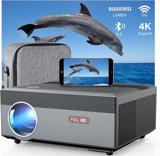 4K Smart Projector 5G WIFI,Native 1080P Ultra HD Home Theater Projector with Android TV Bluetooth WLAN,800ANSI High Brightness Outdoor Movie Projector for iPhone,Support Netflix,Prime Video,YouTube