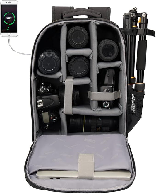 CADeN Camera Backpack Bag with Laptop Compartment 15.6" for DSLR/SLR Mirrorless Camera Waterproof, Camera Case Compatible for Sony Canon Nikon Camera and Lens Tripod Accessories Black