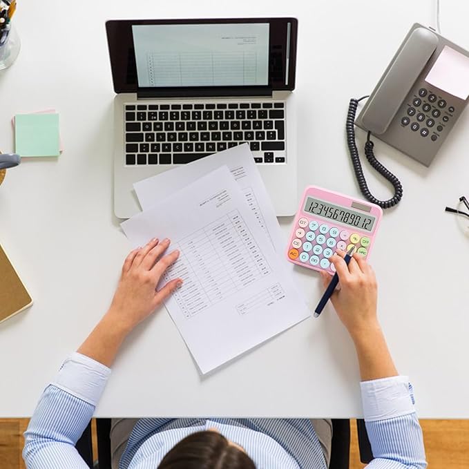 Pink Calculator, Standard Calculator 12 Digit with Large LCD Display and Big Buttons,Pink Office Accessories for Women Desk, Cute for Office,School, Home, Business(Colorful Pink)