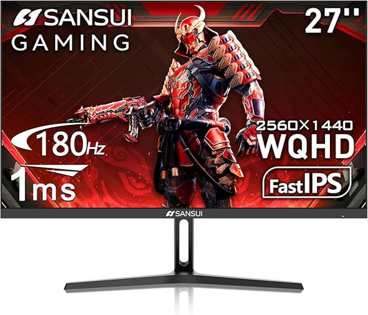 SANSUI 27 Inch WQHD 2560 x 1440 IPS Gaming Monitor, 180Hz 1ms Computer Monitor, DP 1.2 x2 | HDMI 2.0 x2 | VESA Mount, 120% sRGB HDR Eye Care Metal Stand (DP Cable Included)