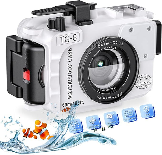 Seafrogs 60m/195ft Underwater Camera Housing for Olympus TG-6 – Waterproof Case with 52mm & 67mm Thread, Dual Fiber Optic Ports, Leak Detection, Stainless Steel Mounting Plate (TG-6-white)