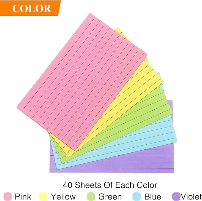 Tamaki Colored Index Cards 3 X 5, Flash Cards Ruled Note Cards for School, 200 Count, Home and Office Flash Cards for studying