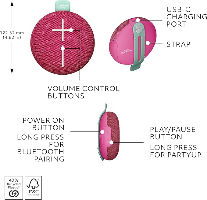 Ultimate Ears MINIROLL Ultra-Portable Waterproof Bluetooth Speaker, Big Bass, IP67 Dustproof, 131 ft Range - Gentle Pink