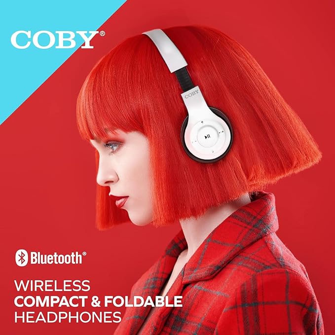 Coby Bluetooth Headphones, Rechargeable and Foldable Over-Ear Headset with Mic, TF Card Slot and AUX Input, Hands-Free Controls, 5-Hour Playback, Micro-USB Cable Included, White