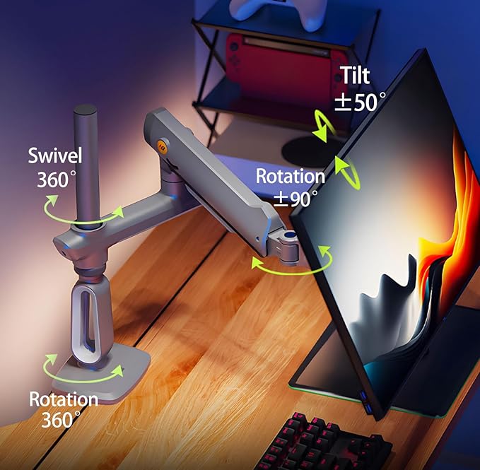 Gaming Monitor-Arm for Flat/Ultrawide/Curved Monitors 27 to 50 inch, Heavy Duty Stand Load up to 18 kg, VESA 75/100 mm Monitor-Mount A7