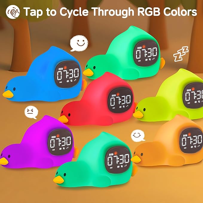 Alarm Clock for Kids with Night Light, Sleep Training Clock Time to Wake Clock, Rechargeable Silicone Light for Bedroom, Perfect Sleep Companion for Boys Girls, Laying Duck