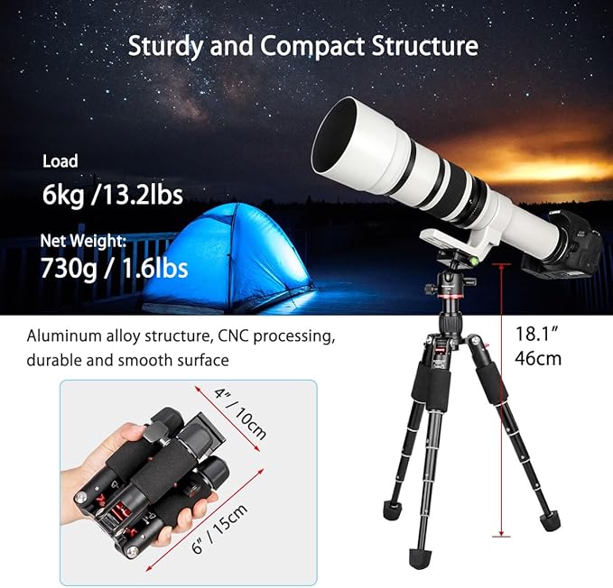 Koolehaoda Mini Desktop Tripod 18" Aluminum Camera Tripod with 360° Ball Head and Two 1/4" Arca Type QR Plates for DSLR Camera, Video Camcorder, Load up to 13lb/6kg