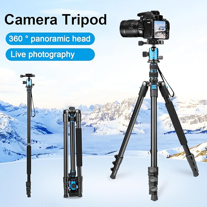 77 inch Camera Tripod Monopod for DSLR, Phone with 360° Panoramic Ball Head Detachable,2 QR Plate, Compact Foldable Aluminum Lightweight Travel Tripod, Bag Included for Camera, Phone(Blue)