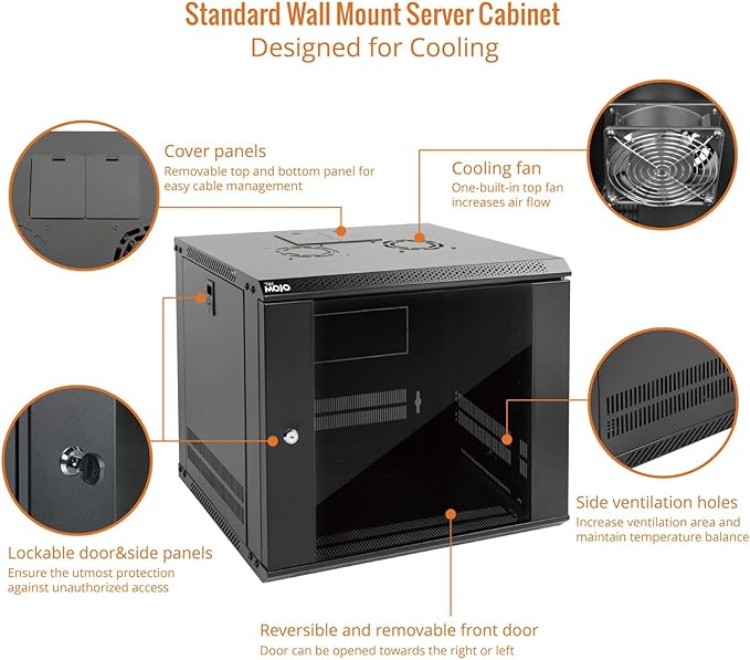 Tecmojo 9U Wall Mount Server Cabinet IT Network Rack Enclosure Lockable Door and Side Panels Black,Cooling Fan, Glass Door, 17.7inch Depth,for 19” IT Equipment, A/V Devices