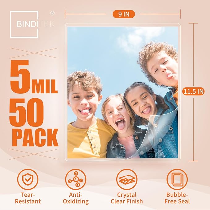 Binditek 50 Pack 5 Mil Thermal Laminating Pouches, 9x11.5 Inches Laminating Sheets, for Letter Size, Ultra Clear, Glossy, Hold 8.5x11 Inches, Heat Seal, School Office Supplies