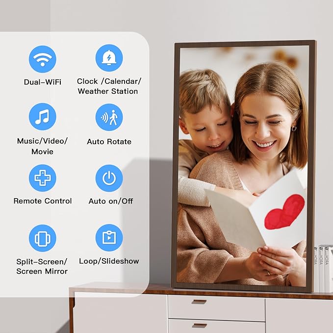 Extra-Large Digital Picture Frame 32"-Wood-Frame - Dual-WiFi 1920x1080 FHD IPS Load Photo Video from Phone via APP Email, Wall Mounted for Home Decoration Wood Grain Design, Gifts for Mom Dad Family