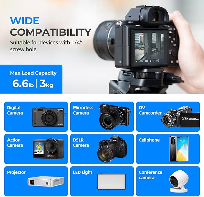 Ambitful 62" Professional Camera Tripod, Black - Removable Horizontal Mount for DSLR/Phone/Camcorder/Spotting Scopes, Tall Video Recording