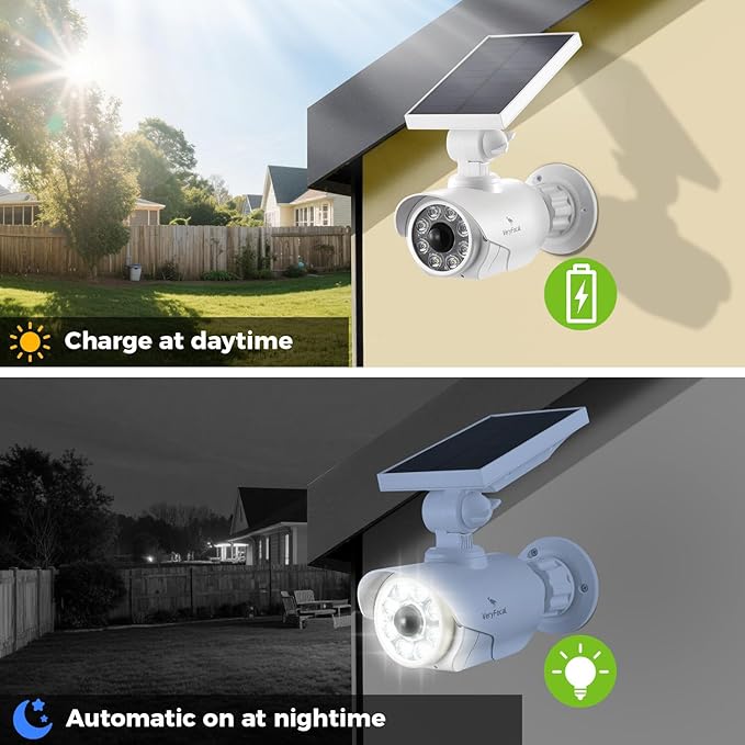 Solar Battery Powered Dummy Fake Security Cameras for Outside with PIR Thermal Sensor Warning Light, Motion Activated Floodlights, IP66 Waterproof 2 Pack