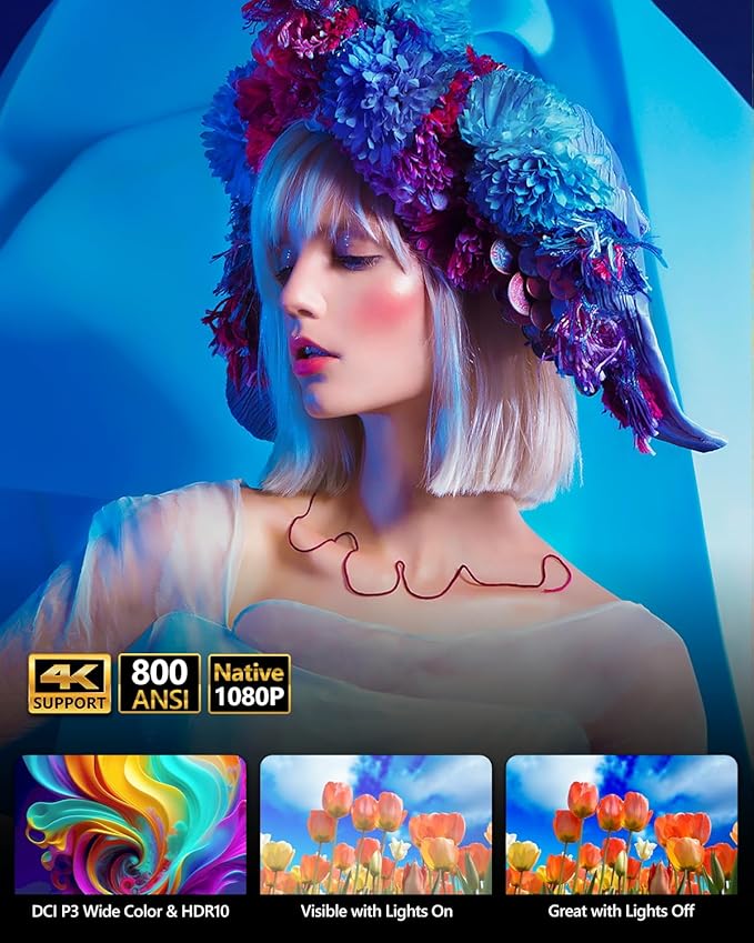 4K Smart Projector 5G WIFI,Native 1080P Ultra HD Home Theater Projector with Android TV Bluetooth WLAN,800ANSI High Brightness Outdoor Movie Projector for iPhone,Support Netflix,Prime Video,YouTube