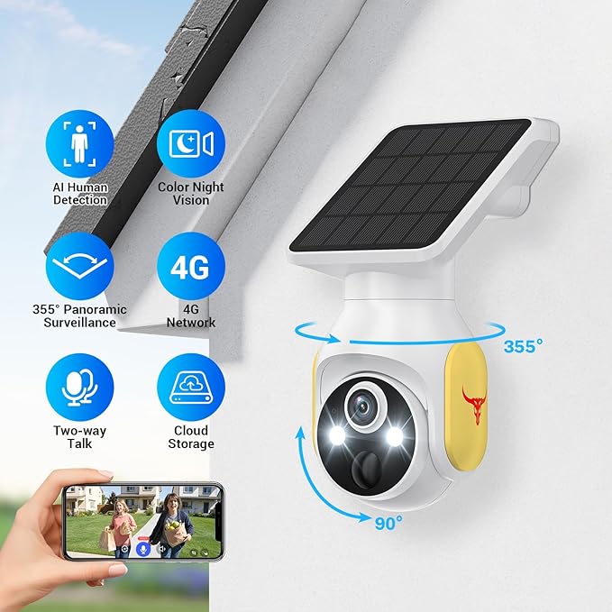 Solar-Powered 1080p WiFi Battery Camera, Security Cameras Wireless Outdoor for Home Surveillance, AI Human Detection, Color Night Vision, Cloud Storage (4G)