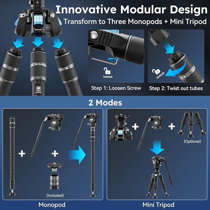 SIRUI SVS60 Carbon Fiber Tripod with S3 Fluid Video Head Kit, 68.5" One-Step Height Adjustment Travel Tripod & Monopods, Modular Compact with Triangular Center Column, ±15°Leveling, Max Load 13 lbs