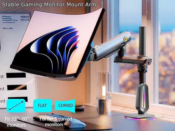 NB Extra Height Gaming Monitor Arm for 32 to 60 Inches Screen, Load up to 20 kg, VESA 75/100, RGB-Light, Heavy Duty, Multi Angle Adjustable, Premium Aluminum, Long Arm Extension Grey Black