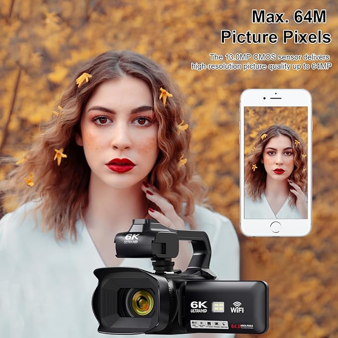 6K Video Camera Camcorder 64MP IR Night Vision Vlogging Camera for YouTube 18X Digital Zoom 4.0" Touch Screen Digital Camera with WiFi, Microphone, Charger, Stabilizer, Remote Control and 64GB SD Card