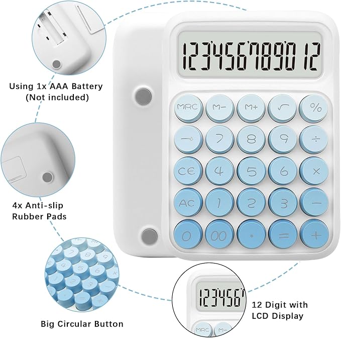 Standard Gradient Blue Calculator - 12 Digit Display and Big Buttons, Cute Office and School Accessory