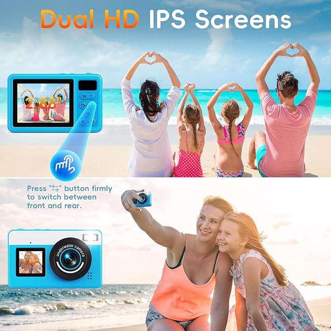 Underwater Digital Camera - MaxMango 10 FT Waterproof Floating Camera with 32GB Card, Dual Screen Selfie Camera for Snorkeling, Swimming, Skiing, 48MP 18X Autofocus Compact Point and Shoot Digital