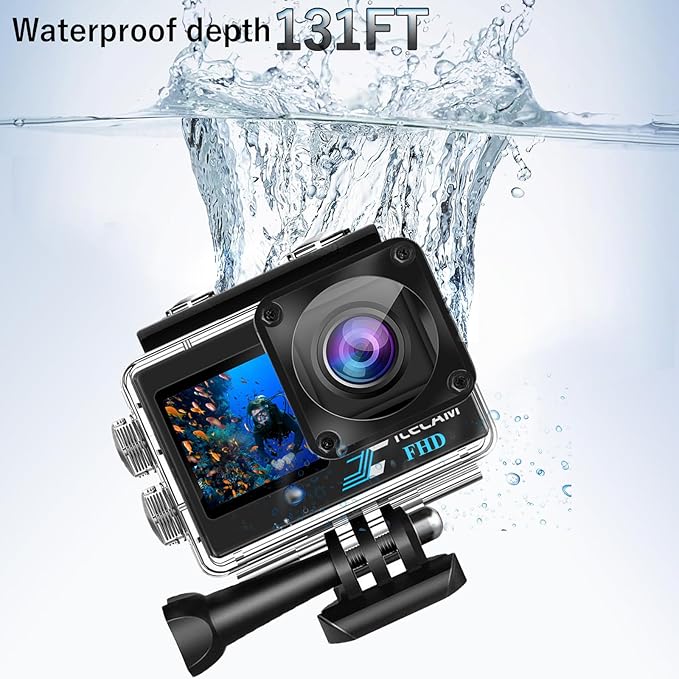 Action Camera with 32GB Memory Card Waterproof Cameras 4*Zoom Dual Screen 131FT(40m) Waterproof Underwater Camera with 2X Batteries and Multifunctional Accessories Action Cam