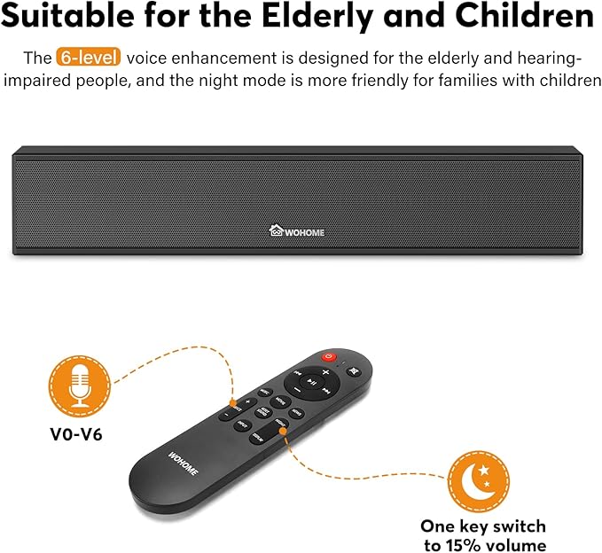 Wohome 2.1 Sound Bar for Smart TV with Built-in Subwoofer, 6 Levels Voice Enhancement, 15 Inches Small TV Soundbar Speakers with Bluetooth 5.3/ARC/Optical/AUX/USB Connection, 3 EQ Modes, Wall Mount