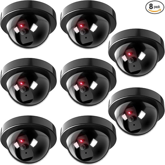 WALI Dummy Fake Security CCTV Dome Camera with Flashing Red LED Light with Security Alert Sticker Decals (SD-8), 8 Packs, Black