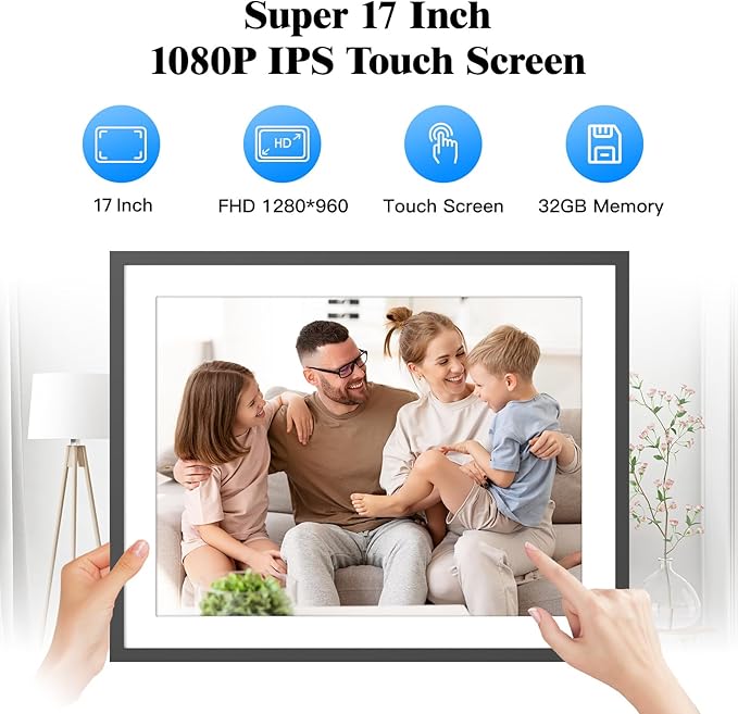 Large Digital Picture Frame 17" Digital Photo Frame - 1280x 960 IPS Touch Screen, Motion Sensor, Auto-Rotate, Wall Mounted, Share Photos/Videos via App Email, Free Cloud, for Mom Dad