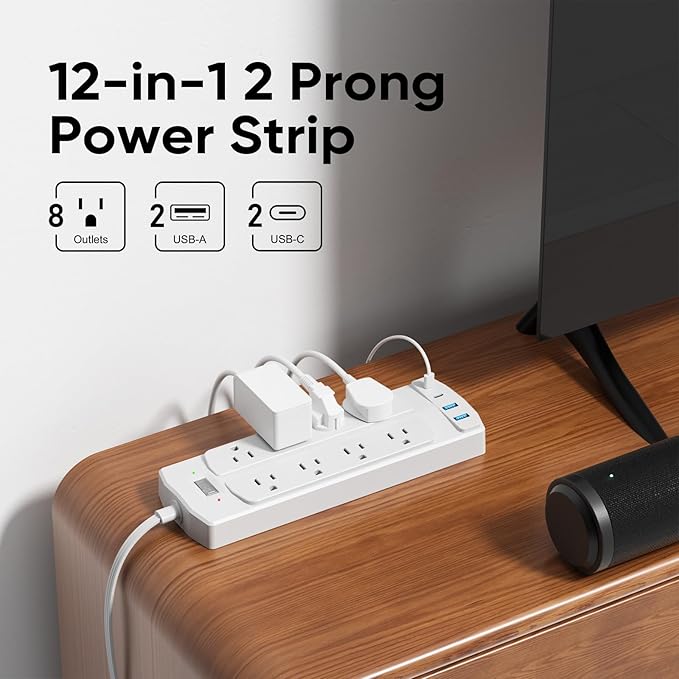 2 Prong Power Strip, Yozisital 2 Prong to 3 Prong Outlet Adapter, 5FT Extension Cord with Polarized Plug, 1200J Surge Protector, 8 AC Outlets & 4 USB, Wall Mountable, Ideal for Non-Grounded Outlets