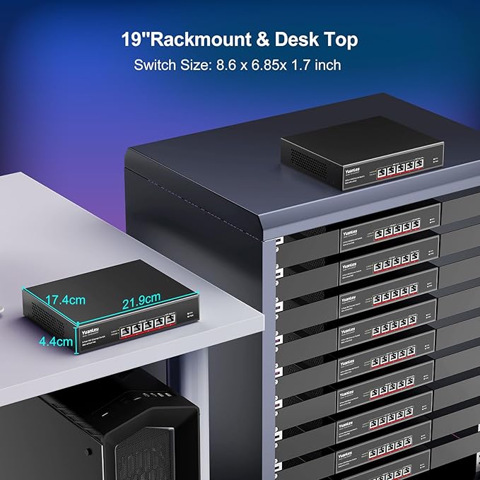 YuanLey 5-Port 10G PoE Switch Unmanaged with 4-Port PoE, 4 x 10G Base-T RJ45 Ports, 1 x UpLink, IEEE802.3af/at, 65W Built-in Power, Compatible with 1G/2.5G/5G/10G, Rackmount 10Gbe Network Switch