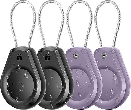 Waterproof AirTag Holder - (4 Pack) Air tag Lock Keychain with Wire Cable Compatible with Apple AirTags, Ultra Durable Anti-Lost Protective Case for Luggage, Key, Backpack,Black/Violet