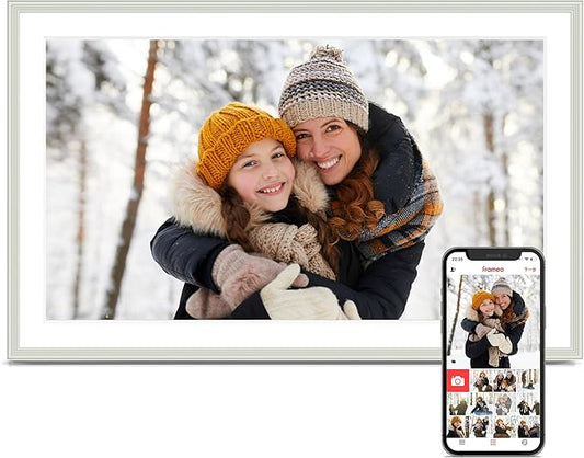Digital Picture Frame, 15.6 Inch Frameo Digital Frame WiFi, 1920*1080 IPS FHD Touchscreen, 32GB, Tabletop&Wall-Mounted, Share Picture Video, Electronic Photo Frame Slideshow, Gifts for Mom, White Clay